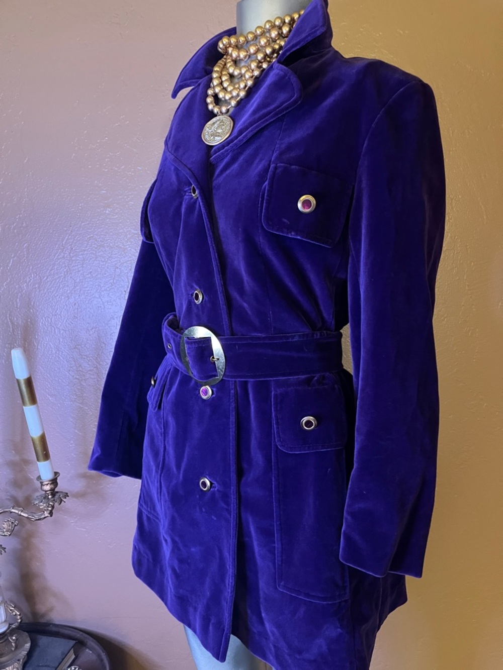 Vintage Rare 1960’s Purple Velvet Belted Pea Coat with Statement Buckle. Sz M - Picture 5 of 6